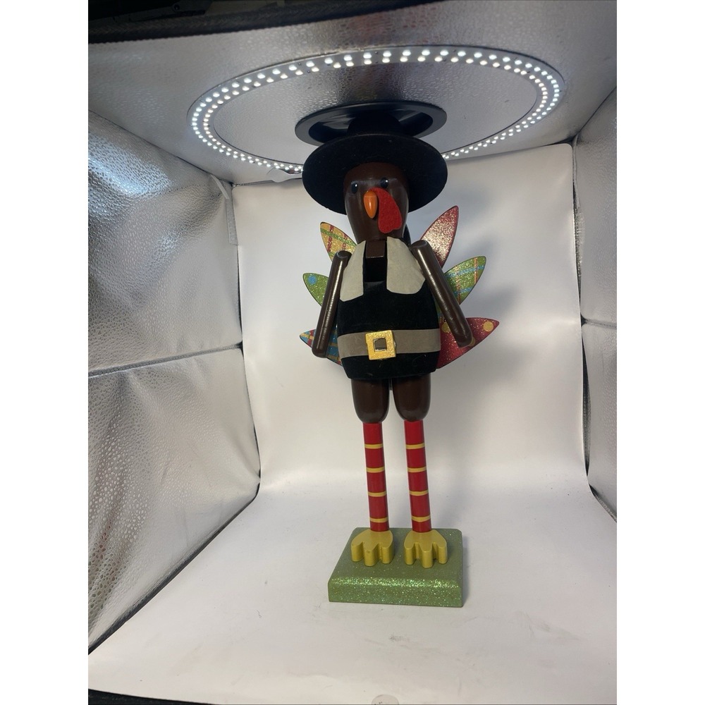 Vintage 2011 Wooden Thanksgiving 14 Inch Turkey Pilgrim Nutcracker